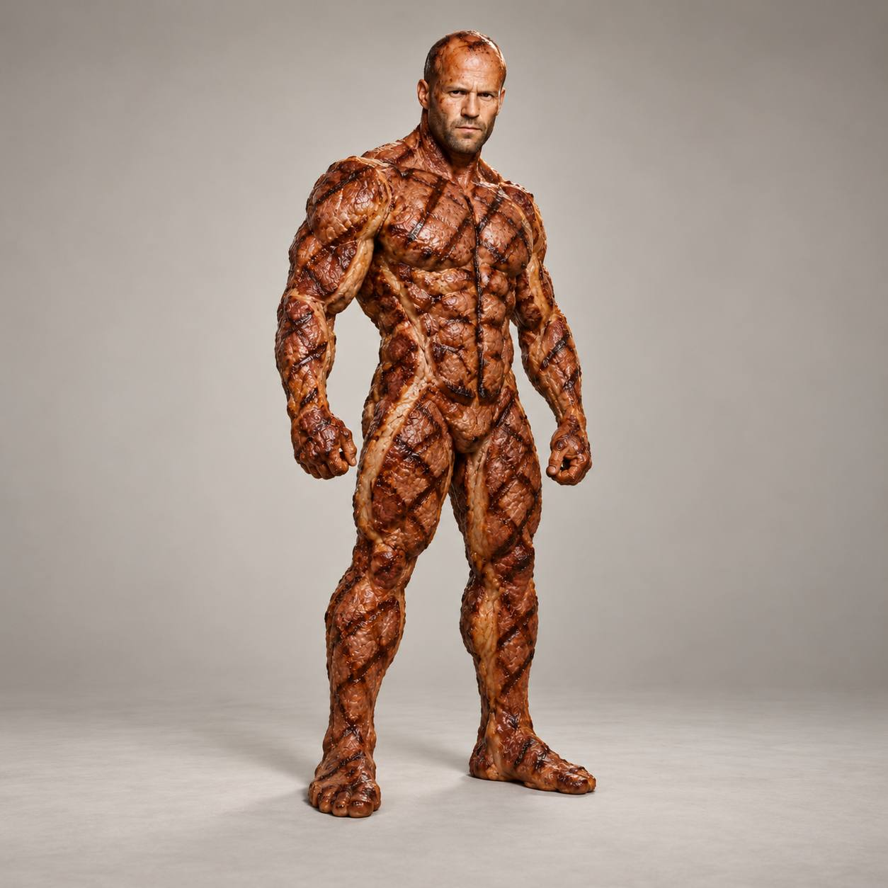 Jason Steakham, an action hero whose entire muscular body is made of grilled steak
