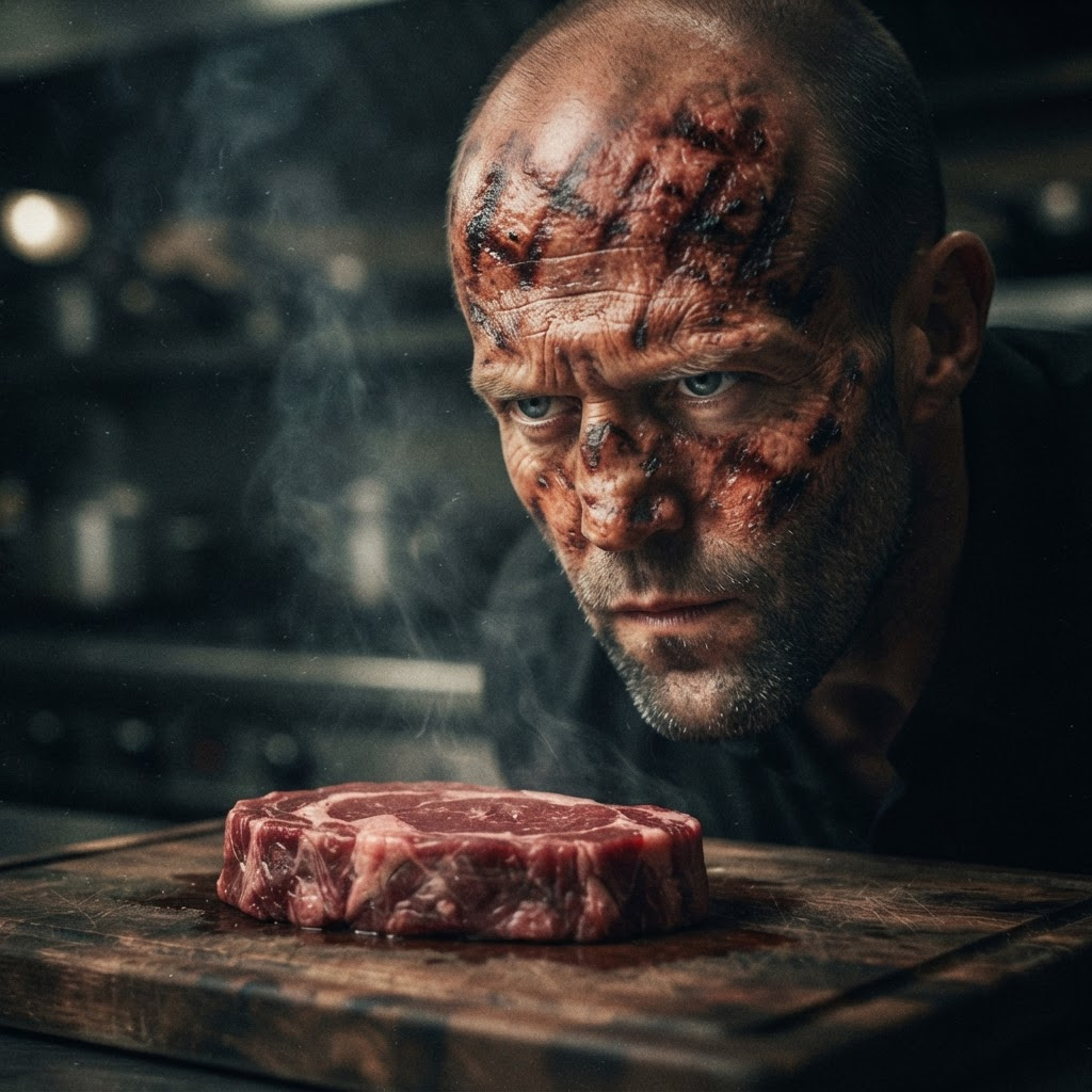 Staredown with a raw steak. Only one leaves seasoned.
